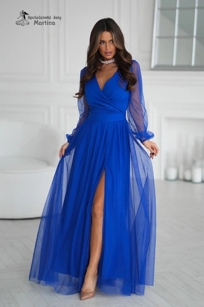Královsky modré tylové společenské šaty "Alisha" s poloprůhlednými rukávy