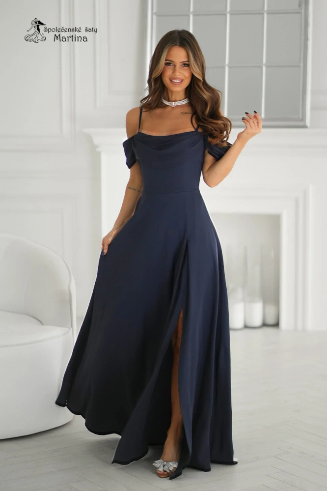 Tmavě modré hladké společenské šaty "Sunny" s ramínky a efektně spadlými rukávy