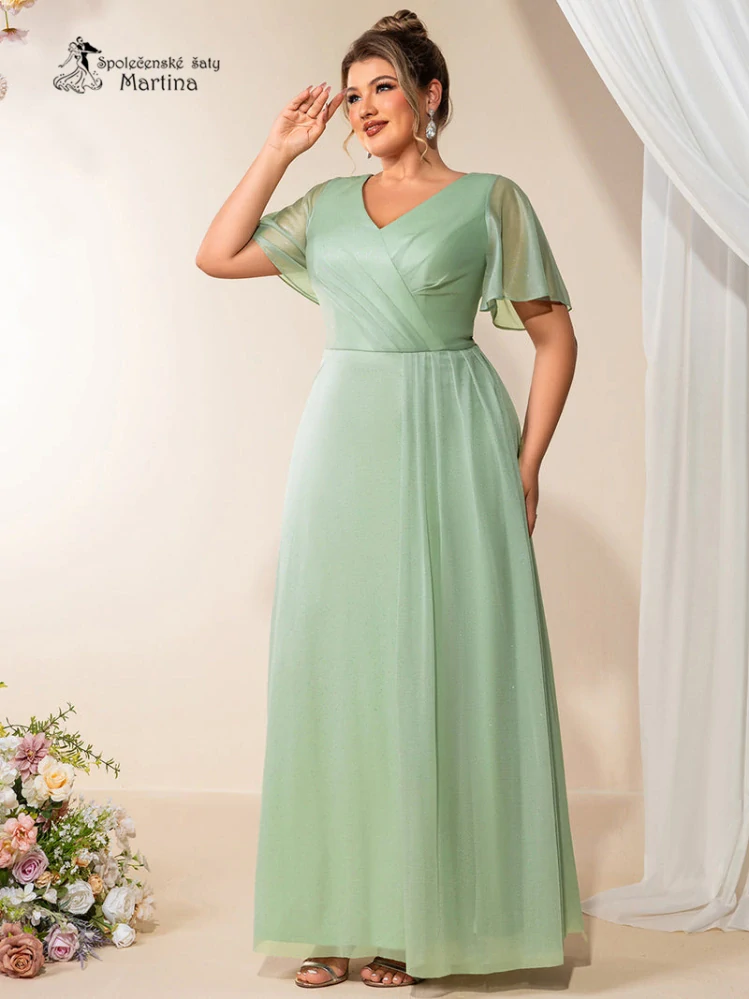 Zelenkavé společenské šaty "Jola" s jemným třpytem a motýlími rukávy - vel. 44