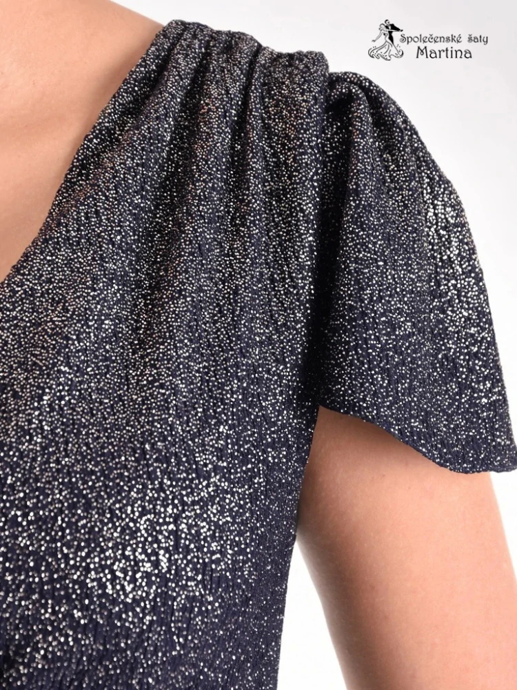 Tmavě modro-zlaté třpytivé společenské šaty "Kerry" s rozparkem a obálkovým výstřihem - vel. 38