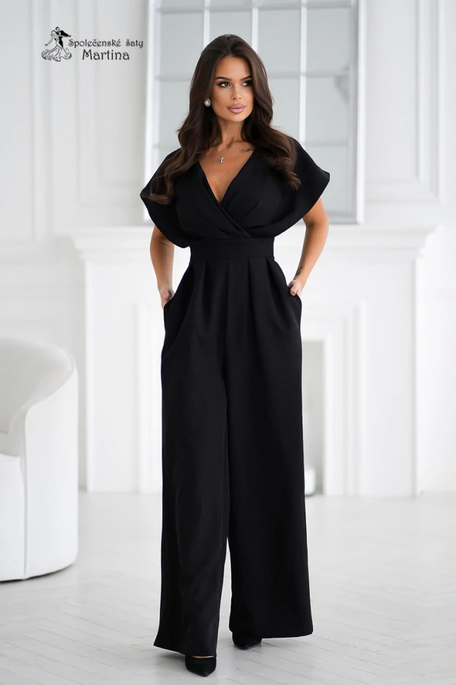 Černý společenský overal "Gota" s překříženým výstřihem a širokými nohavicemi - vel. 40