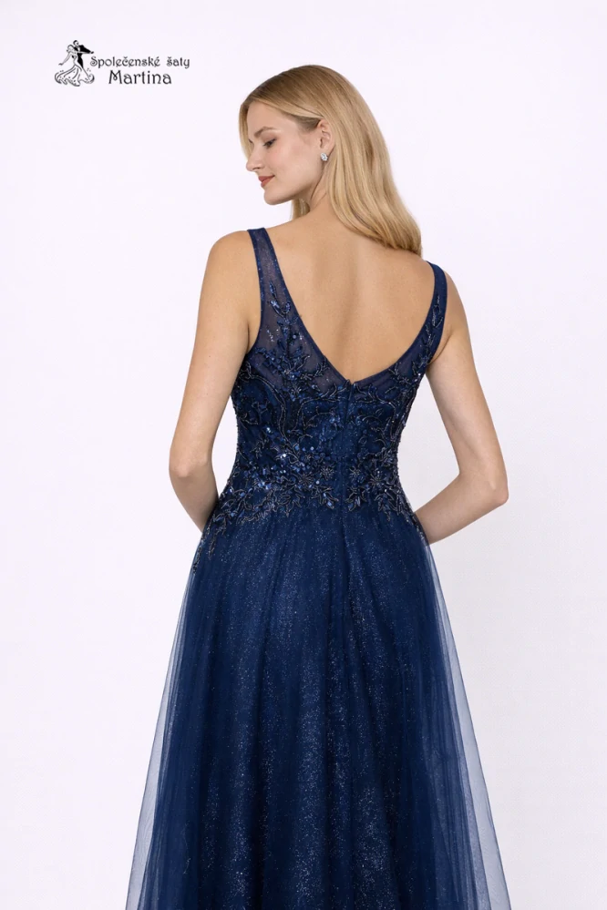 Tmavě modré tylové společenské šaty "Inesa" s vyšívaným živůtkem - vel. 44/46