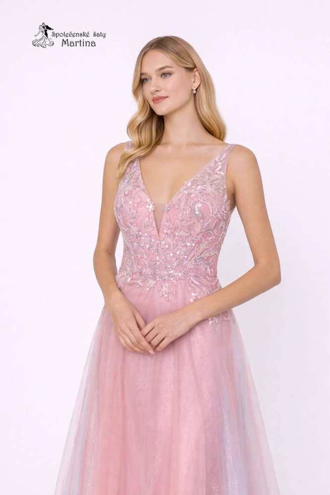 Růžové tylové společenské šaty "Inesa" s vyšívaným živůtkem
