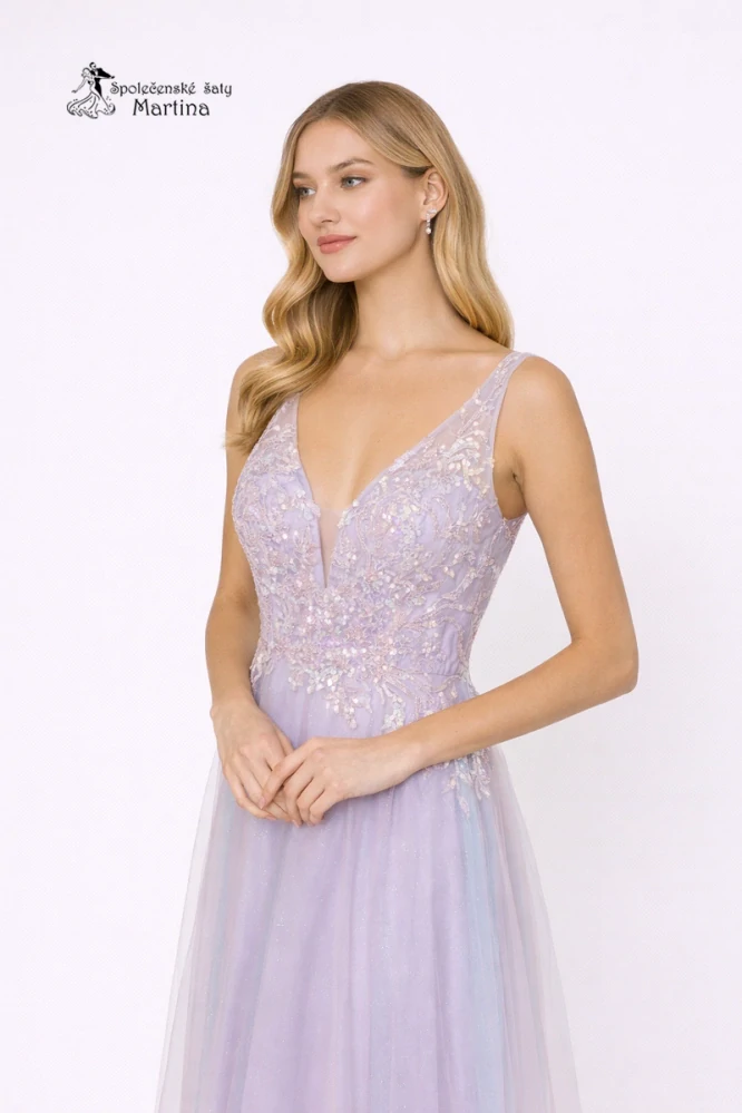 Lila tylové společenské šaty "Inesa" s vyšívaným živůtkem
