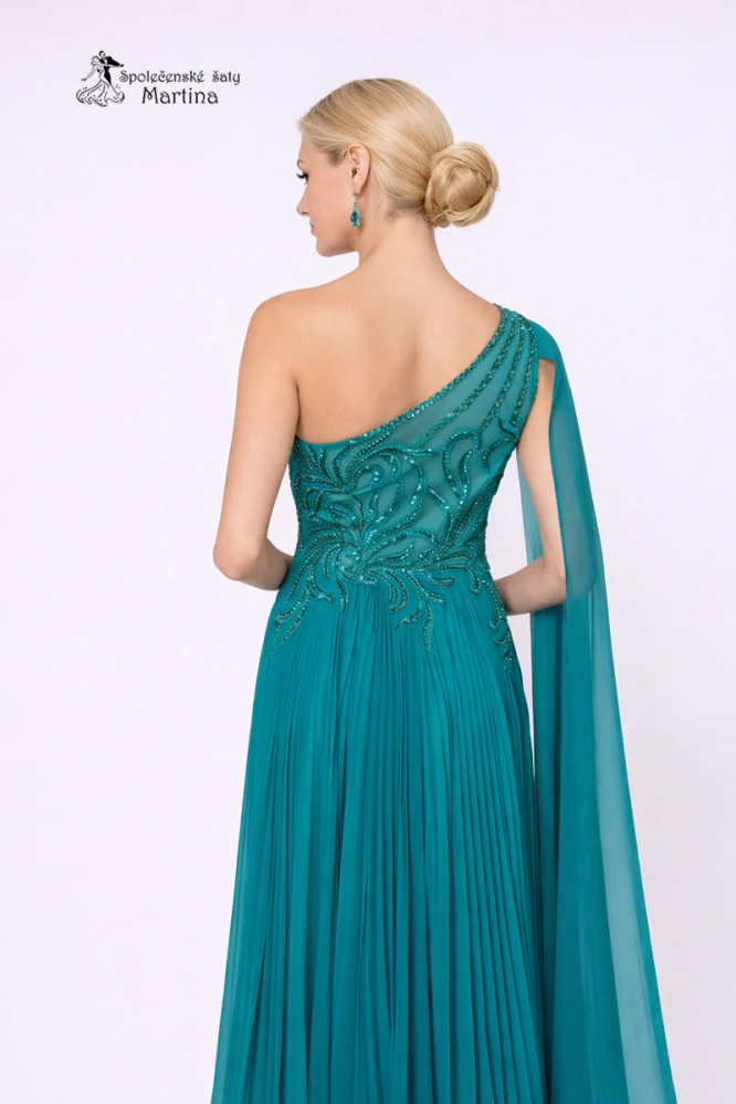 Tyrkysově zelené plisované společenské šaty "Adria" na jedno rameno 