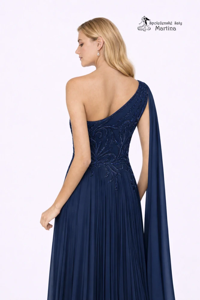 Tmavě modré plisované společenské šaty "Adria" na jedno rameno - vel. 36/38