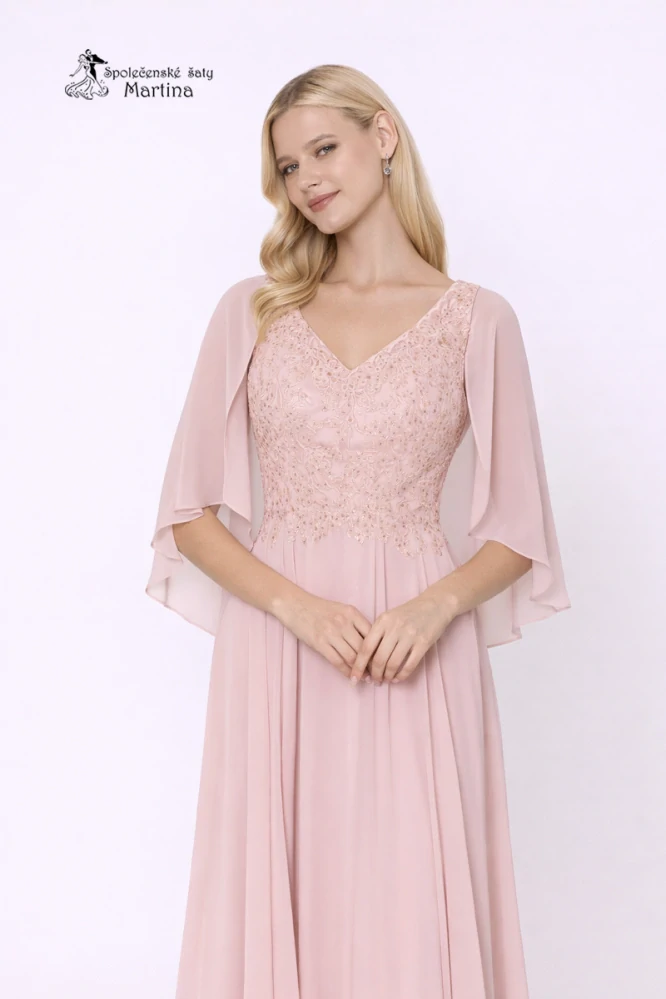 Světle růžové společenské šaty "Tamis" s krajkovým živůtkem a šifonovým překrytím - vel. 38