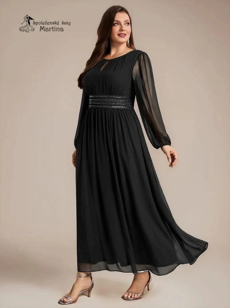 Černé plus size šifonové společenské šaty "Dorothy“ s flitrovým pasem a dlouhými rukávy