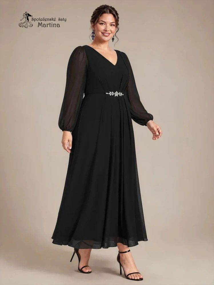 Černé plus size šifonové společenské šaty "Ashley“ s dlouhými rukávy a zdobeným pasem