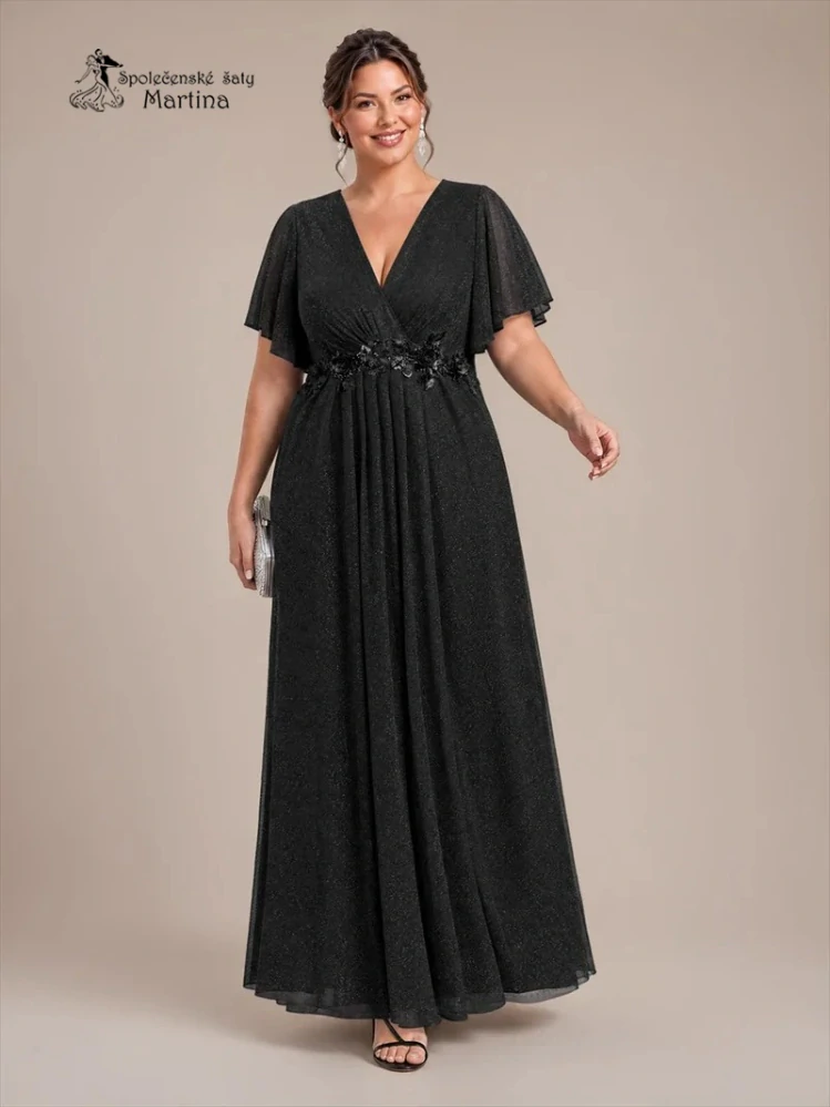 Černé plus size společenské šaty "Noelle" s třpytivou sukní a volnými rukávy