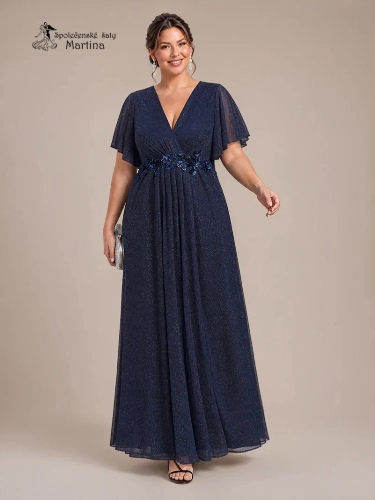 Tmavě modré plus size společenské šaty "Noelle" s třpytivou sukní a volnými rukávy