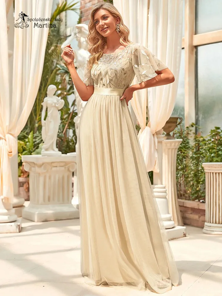 Béžové společenské šaty "Celeste" s krátkým rukávkem