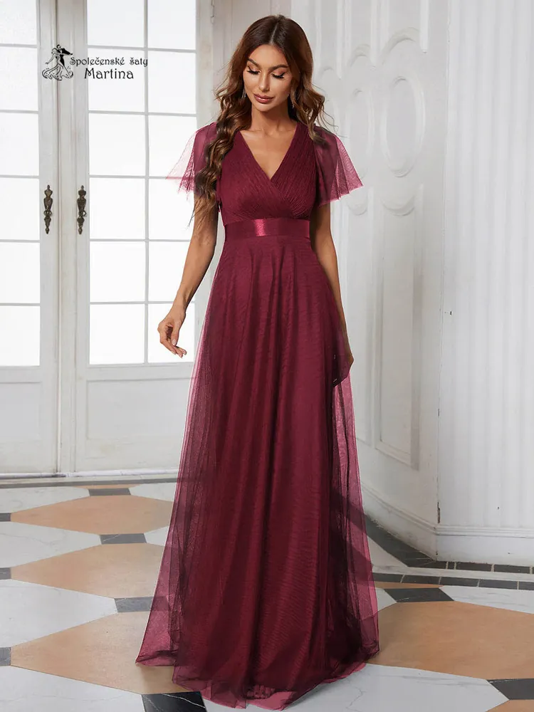 Vínové tylové šaty s krátkým rukávkem “Broke”