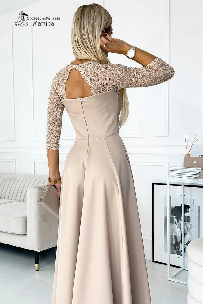 Dlouhé béžové šaty "Amber" s krajkovým živůtkem a 3/4 rukávy 