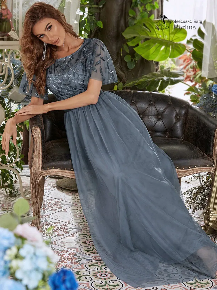 Modro-šedé společenské šaty "Celeste" s krátkým rukávkem - vel. 44