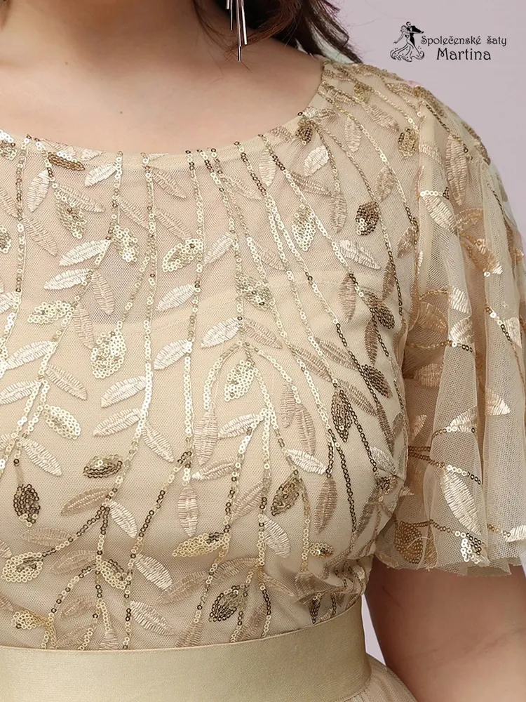 Béžové společenské šaty "Celeste XXL" s krátkým rukávkem 