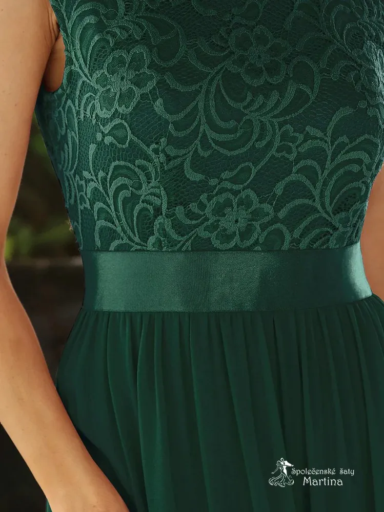 Lahvově zelené společenské šaty "Siera" s krajkovým živůtkem