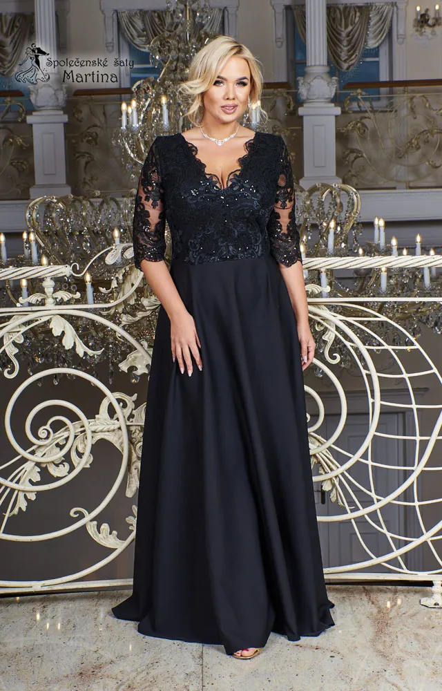 Černé dlouhé společenské šaty "Roxy" s 3/4 rukávem 