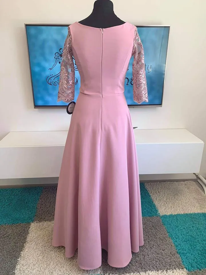 Pastel pink dlouhé společenské šaty "Roxy" s 3/4 rukávem - vel. 38