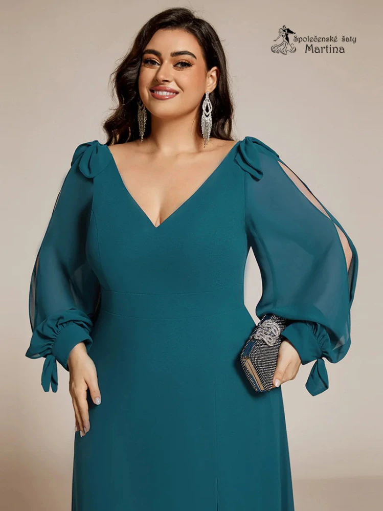 Petrolejové společenské šaty "Allison XXL" s dlouhými rukávy