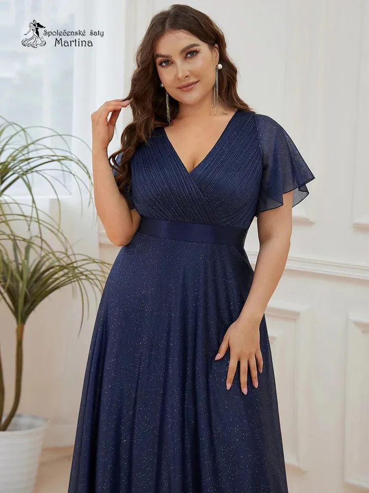 Tmavě modré jemně třpytivé společenské šaty s volnými rukávy "Darien XXL" 