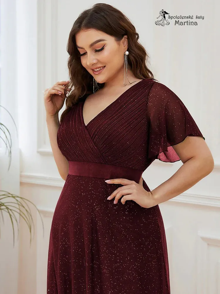 Vínové jemně třpytivé společenské šaty s volnými rukávy "Darien XXL" 