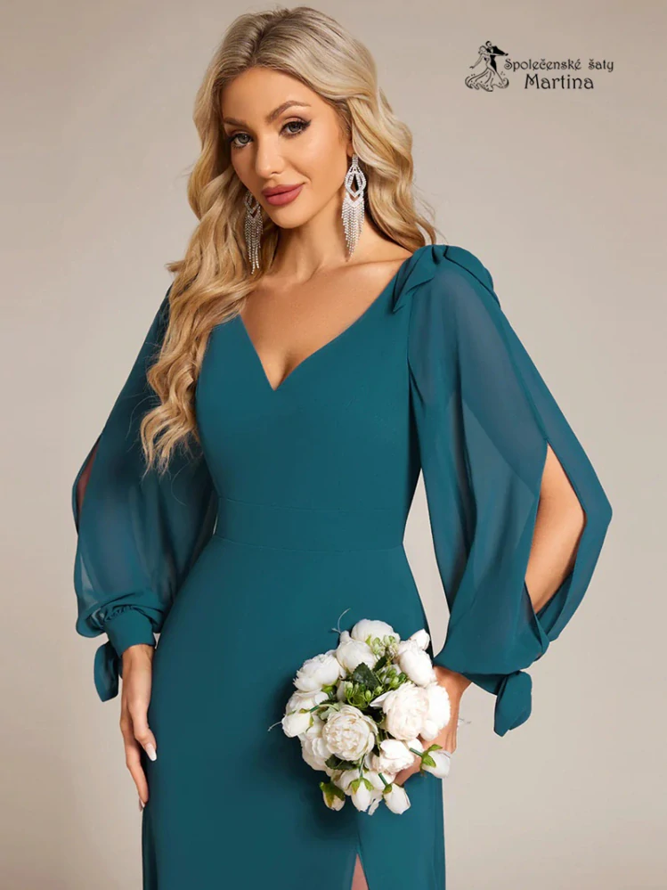 Petrolejové společenské šaty "Allison" s dlouhými rukávy - vel. 34