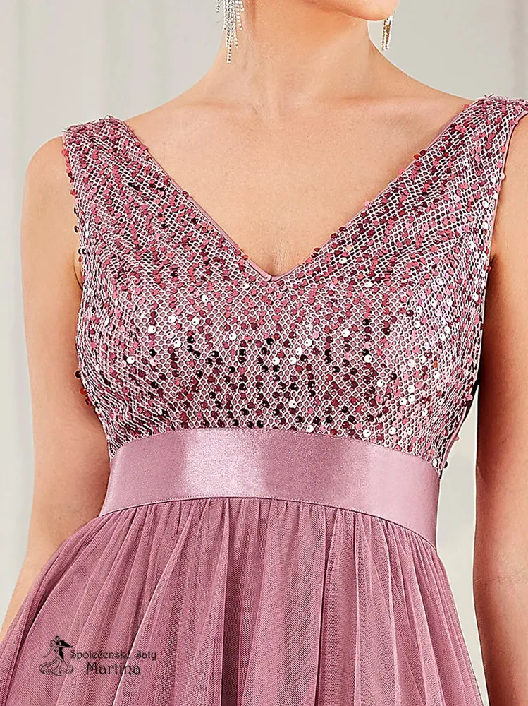 Starorůžové asymetrické tylové společenské šaty "Leslie" s flitrovým živůtkem
