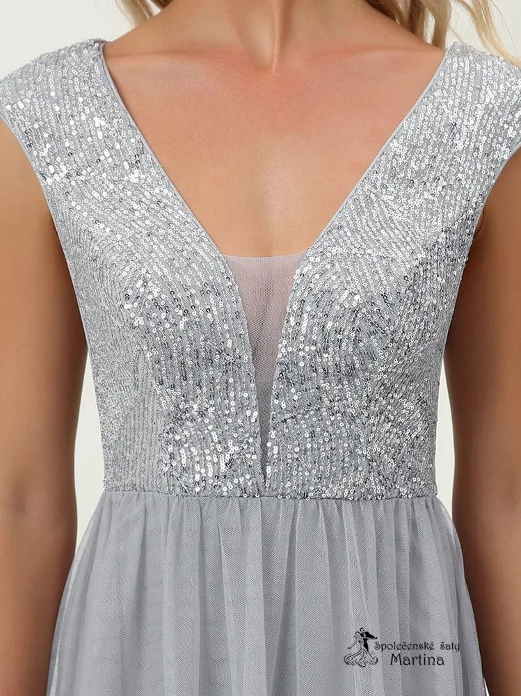 Šedé tylové šaty "Kaety" s flitrovým živůtkem a širokými ramínky