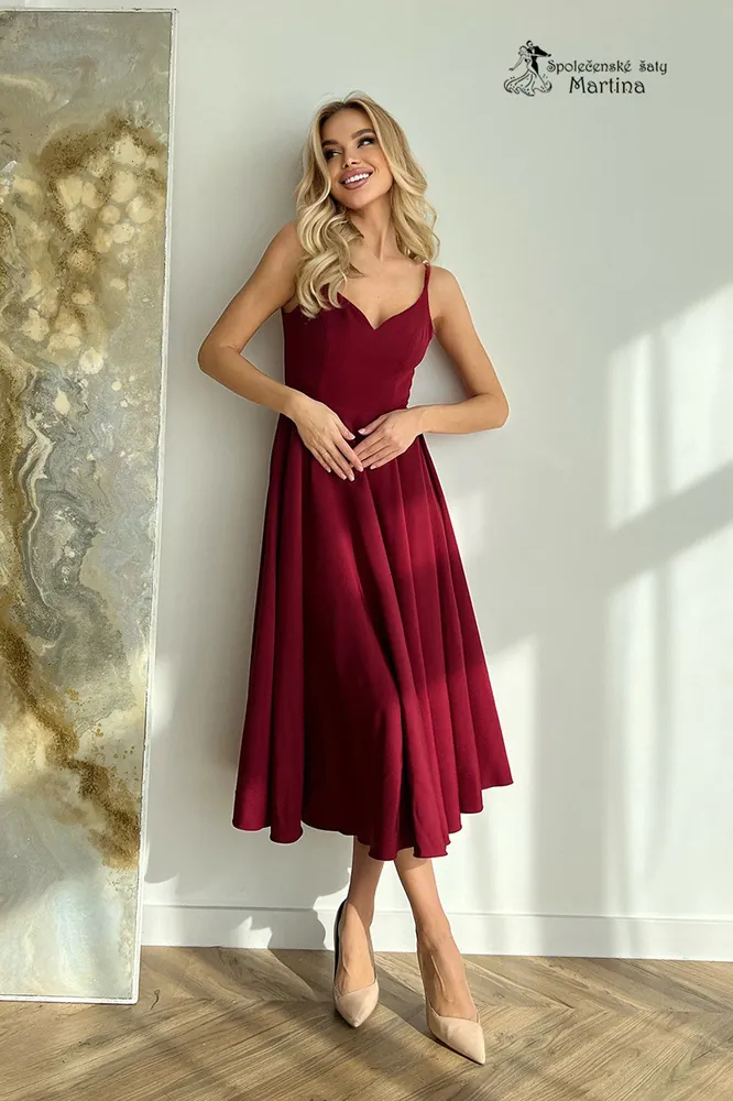 Midi vínové šaty "Stormie" se srdíčkovým výstřihem