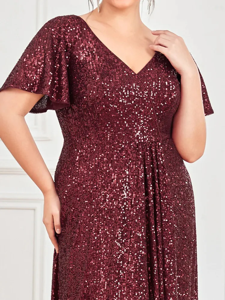 Vínové plus size flitrové večerní společenské šaty "Caris"
