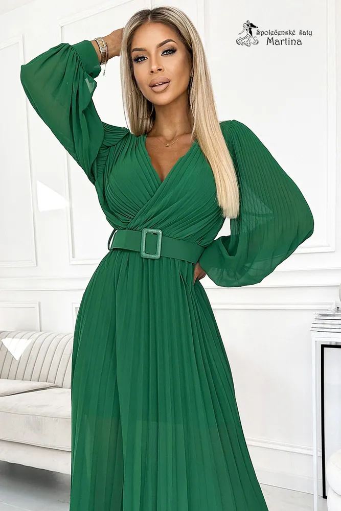Světle zelené dlouhé plisované šaty pro svatebního hosta "Moyra" s dlouhým rukávem 