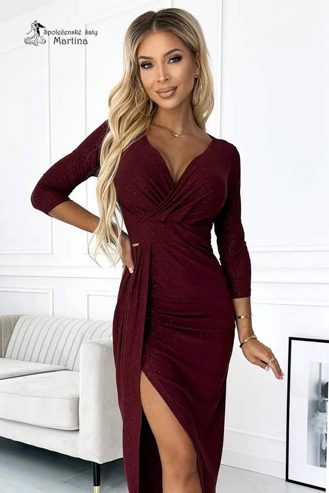 Vínové třpytivé společenské šaty "Celline" s ¾ rukávem