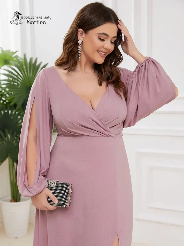 Jemně třpytivé starorůžové XXL společenské šaty "Lizette" s dlouhými rukávy