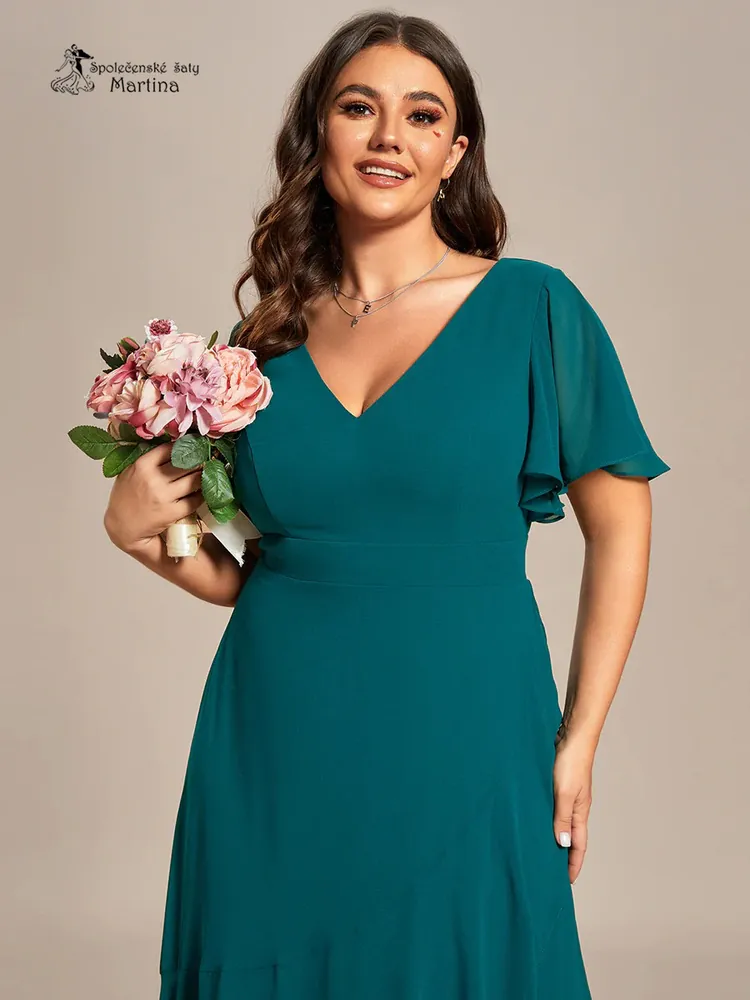 Dlouhé asymetrické petrolejové plus size šaty "Rubye" s volnými rukávy