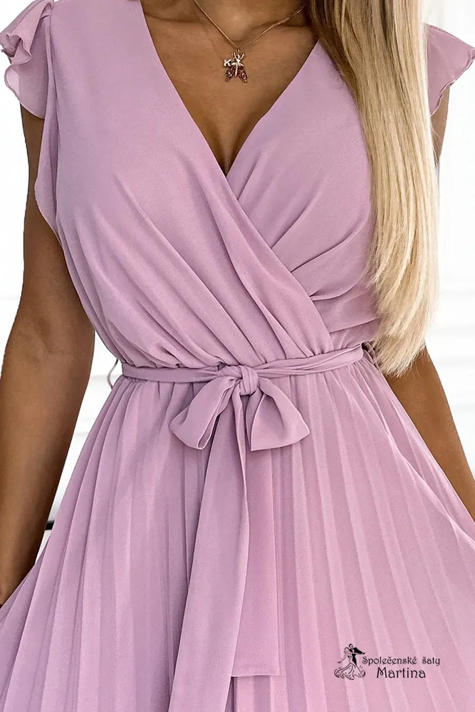 Pudrově růžové šaty "Matty" s plisovanou sukní a krátkým rukávem