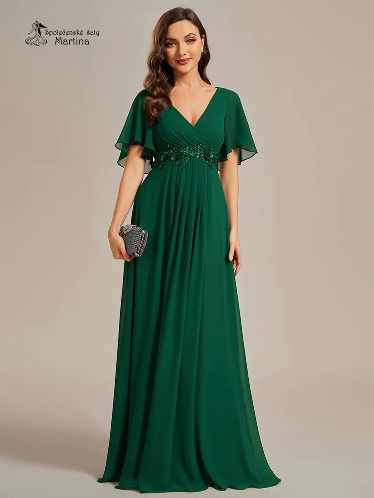 Zelené šifonové šaty "Pandora" s volným rukávem a aplikací v pase