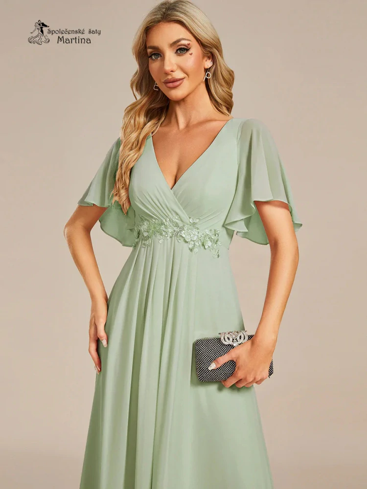 Zelenkavé šifonové šaty "Pandora" s volným rukávem a aplikací v pase