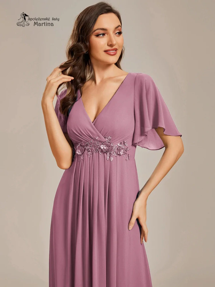 Tmavě starorůžové šifonové šaty "Pandora" s volným rukávem a aplikací v pase