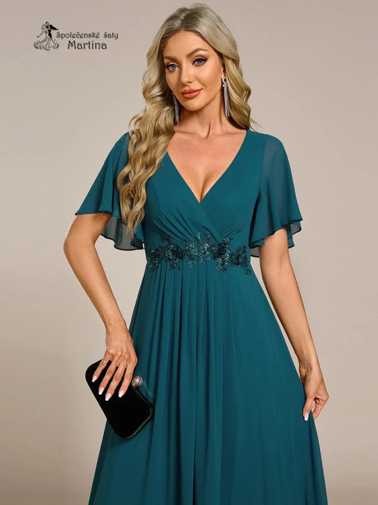 Petrolejové šifonové šaty "Pandora" s volným rukávem a aplikací v pase