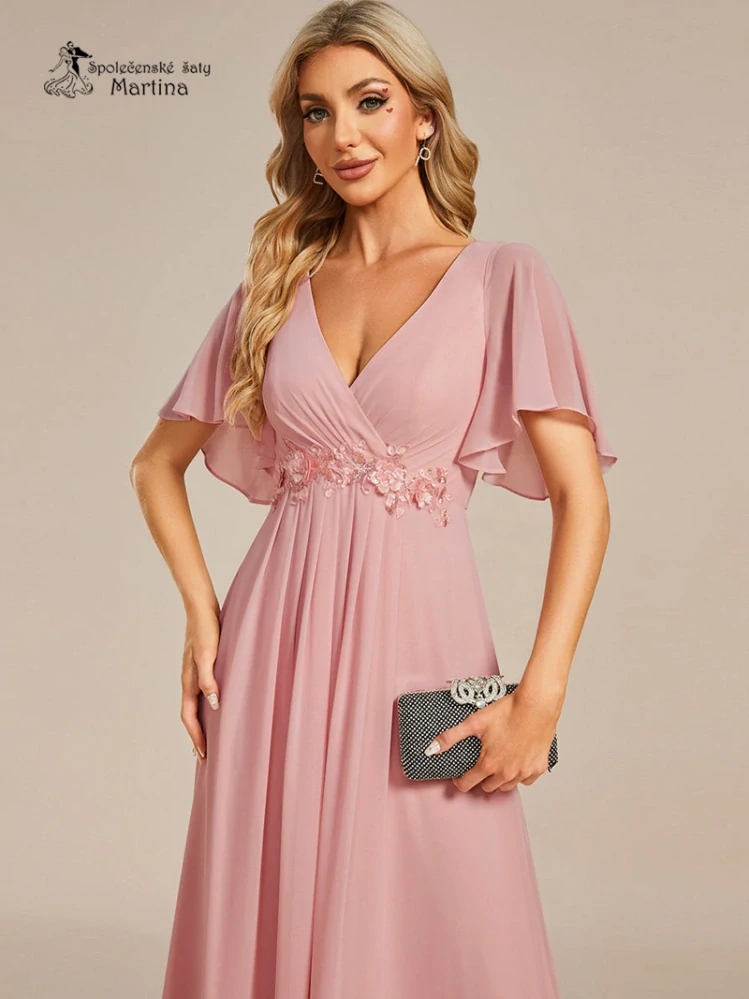 Starorůžové šifonové šaty "Pandora" s volným rukávem a aplikací v pase