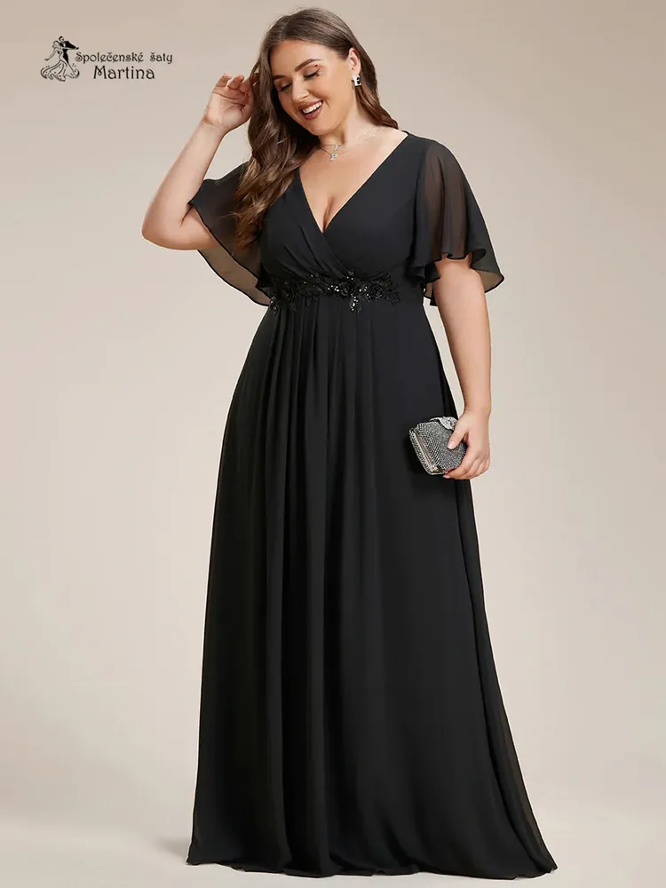 Černé šifonové XXL šaty "Pandora" s volným rukávem a aplikací v pase