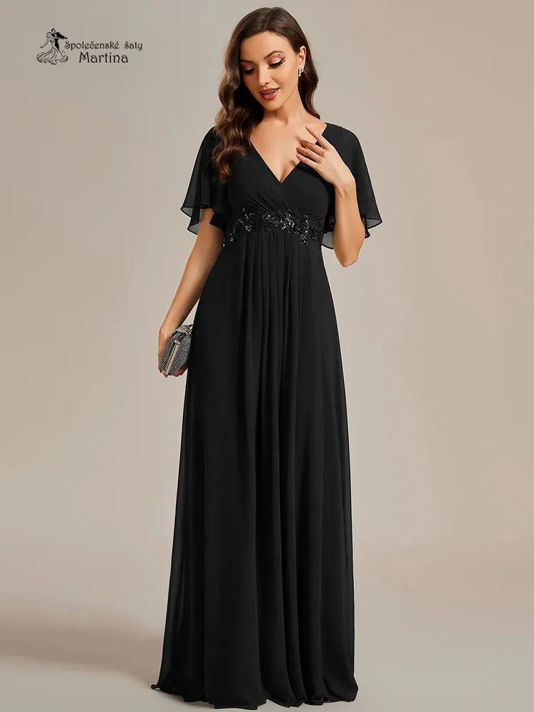 Černé šifonové šaty "Pandora" s volným rukávem a aplikací v pase - vel. 40