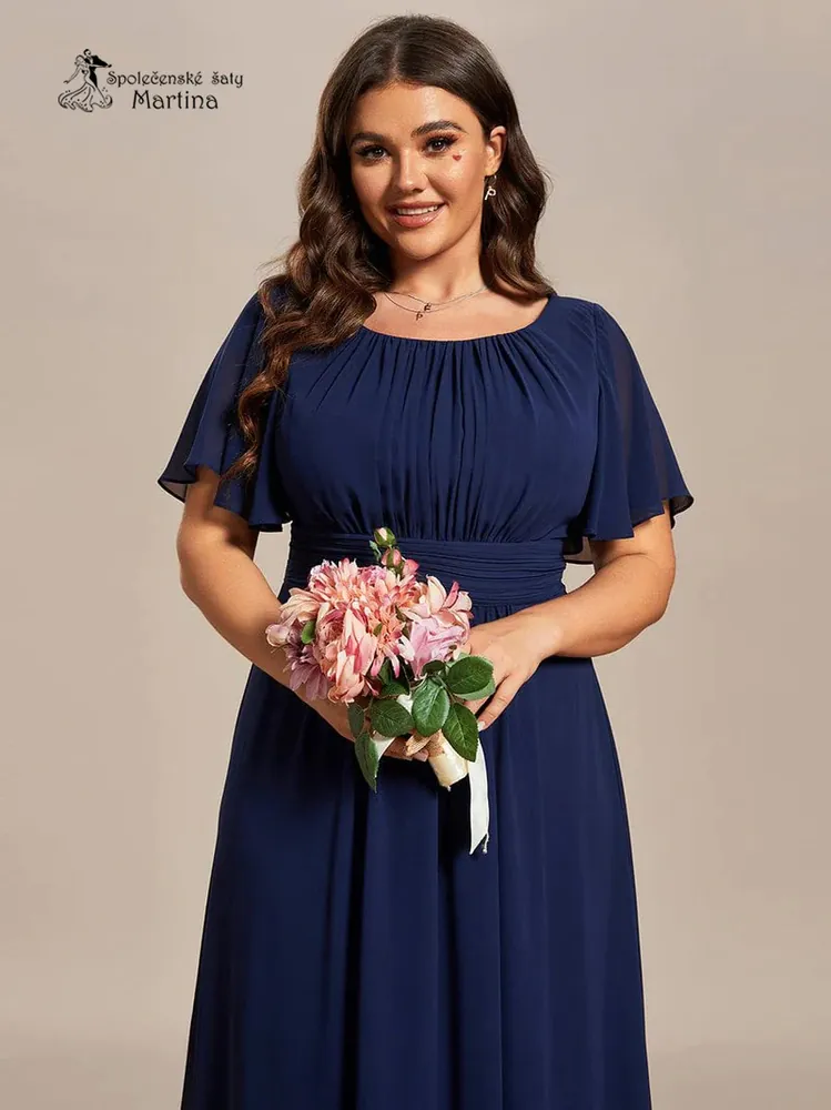Tmavě modré šifonové šaty s rukávkem a žabičkováním na zádech "Stela"