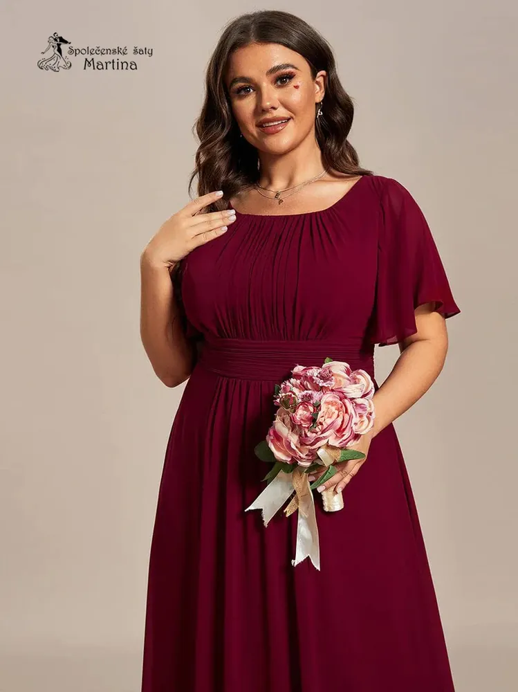 Vínové šifonové šaty s rukávkem a žabičkováním na zádech "Stela"
