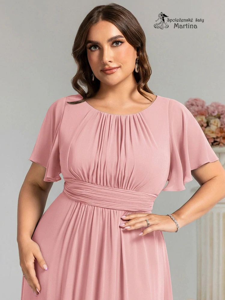 Růžové šifonové šaty s rukávkem a žabičkováním na zádech "Stela"
