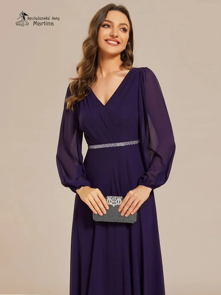 Tmavě fialové společenské šaty s dlouhými rukávy "Kerenza"