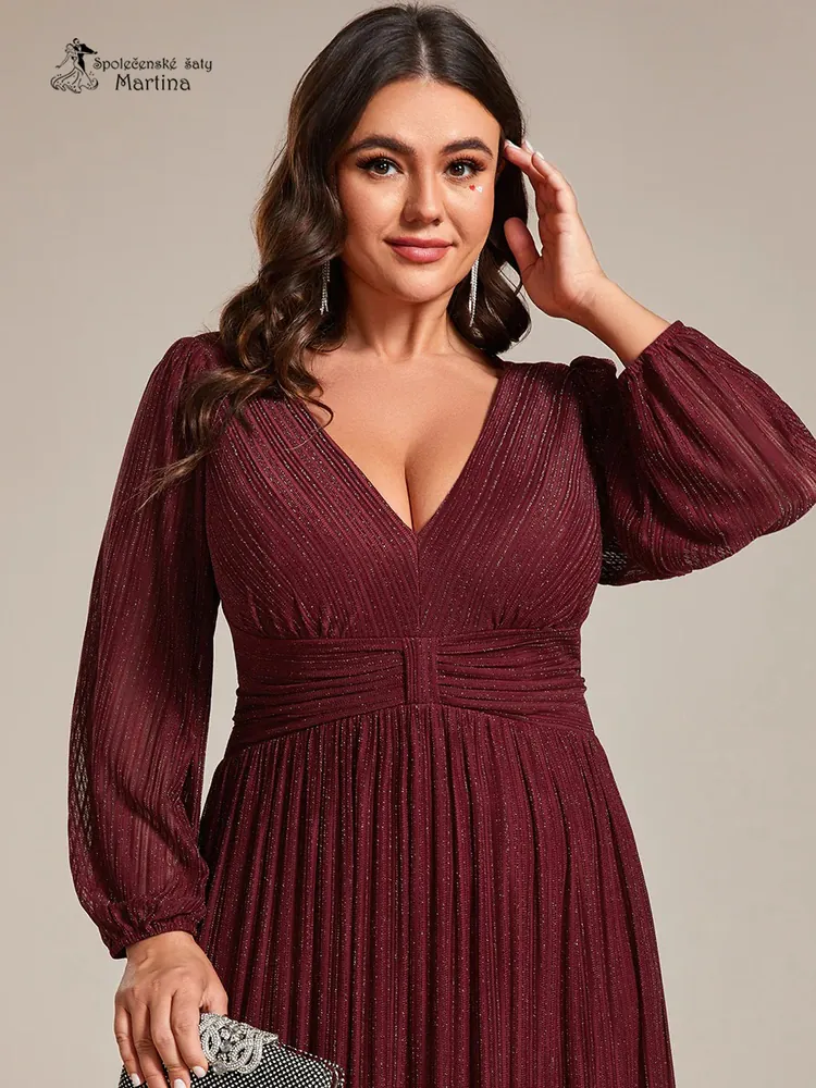 Vínové žebrované společenské XXL šaty "Antony" s dlouhými rukávy 