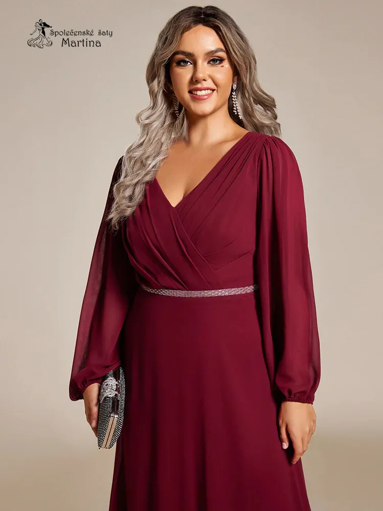 Vínové plus size společenské šaty s dlouhými rukávy "Kerenza"