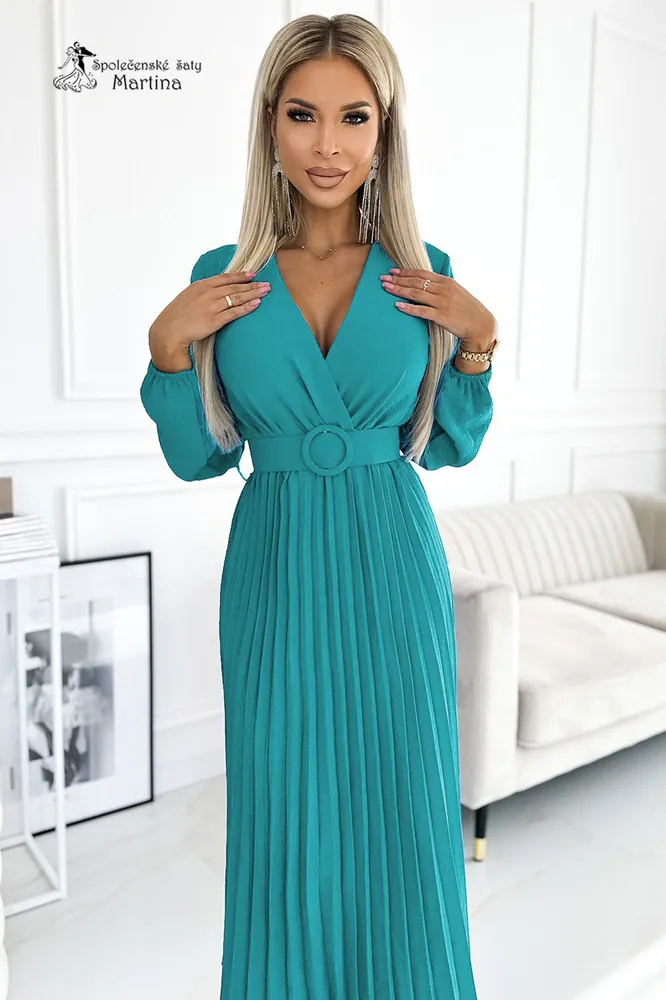 Tyrkysové midi šaty s plisovanou sukní "Viviana" s dlouhým rukávem - vel. UNI